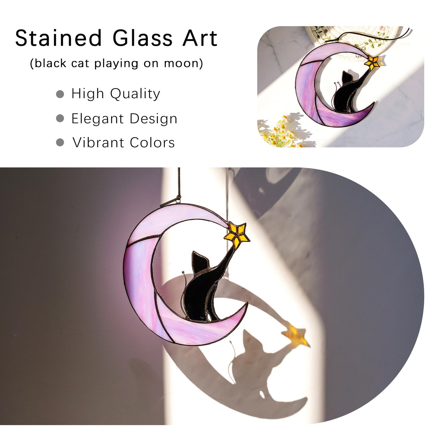 HDCRYSTALGIFTS 6.5'' Black Cat Decor on Purple Moon Stained Glass Window Hanging Suncatcher,Wall Art Glass Window Panel Sun Catcher,Halloween Decoration Memorial Gift for Lover Cat Loss