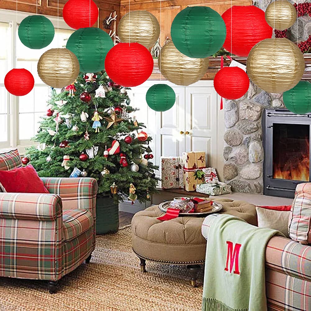 zilue Paper Lanterns Decorative, Round Hanging Paper Lanterns Decorations for Christmas Graduation Anniversary Birthday Party Supplies Green/Red/Gold 15pcs