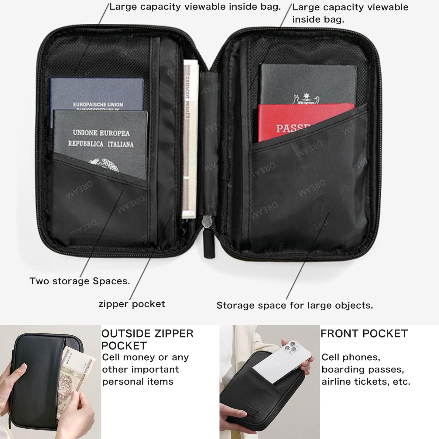 Higoney Waterproof Passport Holder, RFID Blocking Wallet, Portable Travel Document Organizer for Men & Women, Travel Essentials (Black)