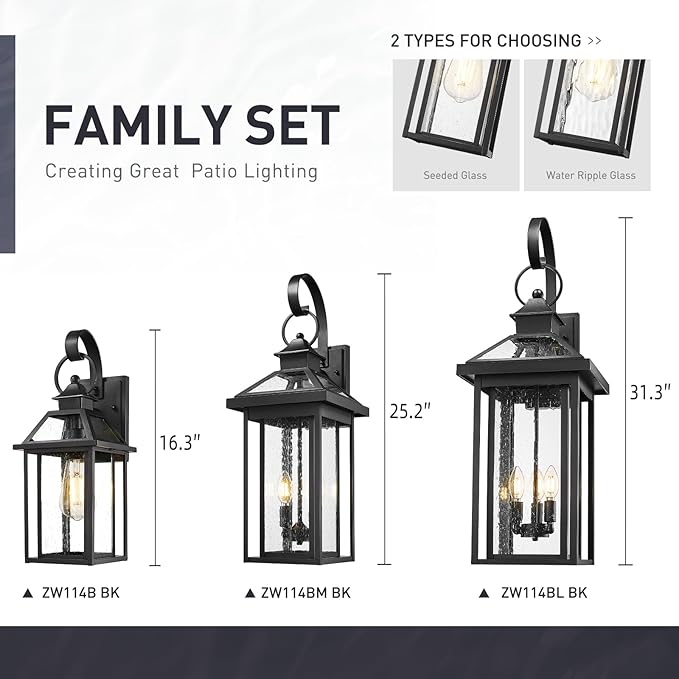 zeyu 3 Light Large Outdoor Wall Sconce, 31.3 Inch Outdoor Porch Sconce Light in Black Finish, Die-Cast Aluminum with Seeded Glass Shade, ZW114BL BK