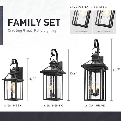 zeyu 3 Light Large Outdoor Wall Sconce, 31.3 Inch Outdoor Porch Sconce Light in Black Finish, Die-Cast Aluminum with Seeded Glass Shade, ZW114BL BK