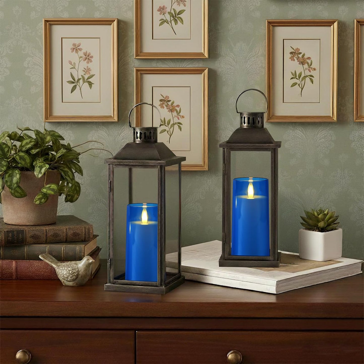 Raycare Flameless Electronic Pillar Candles with Remote Control and Timer- Battery Operated Realistic Flickering LED Fake Candle for Home, Wedding, Valentine's Day Decor,Blue,Set of 2(3"x6"6")