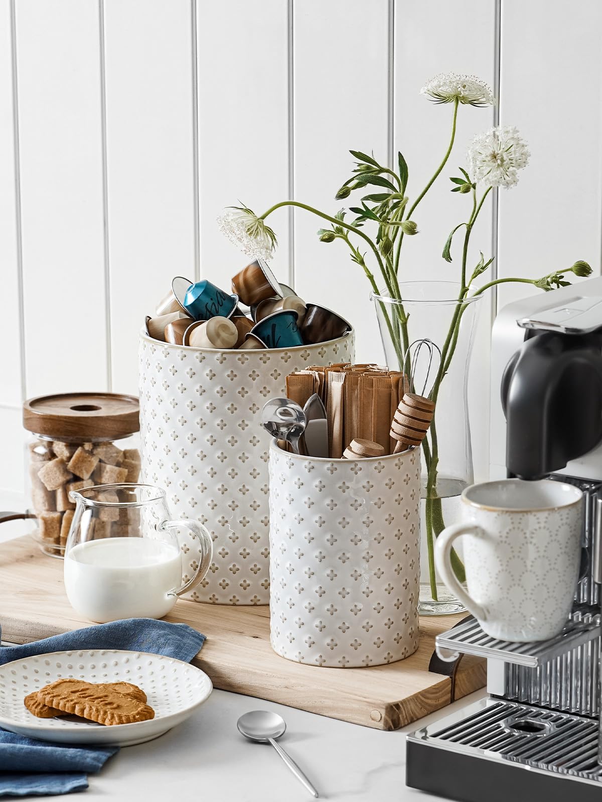 LE TAUCI Kitchen Utensil Holder for Countertop - 7.1"+5.4" Ceramic Utensil Crock Set of 2, Large Cooking Utensil Organizer for Spatula, Spoon, Whisk - Farmhouse Storage, Embossed, Clover