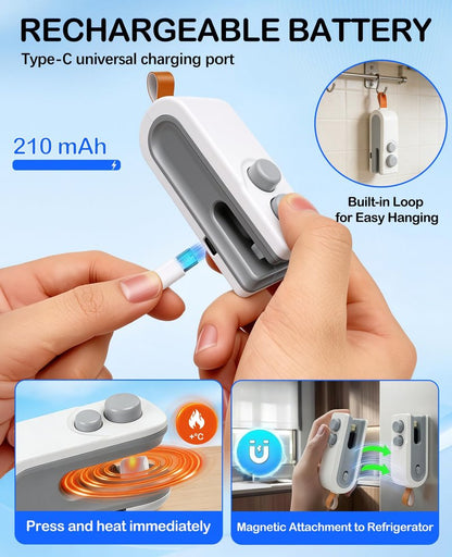 3-in-1 Mini Bag Sealer with Cutter and Magnet,Rechargeable Handheld Bag Sealer,Portable Heat Sealer for Heavy-Duty Plastic Snack & Chip Bags, Food Saver, Kitchen Storage