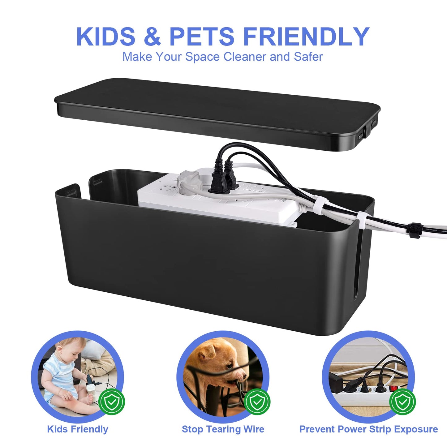 Cable Organizer Box Set of Three, Power Cover Cord Holder Surge Protector for Desk (Black)