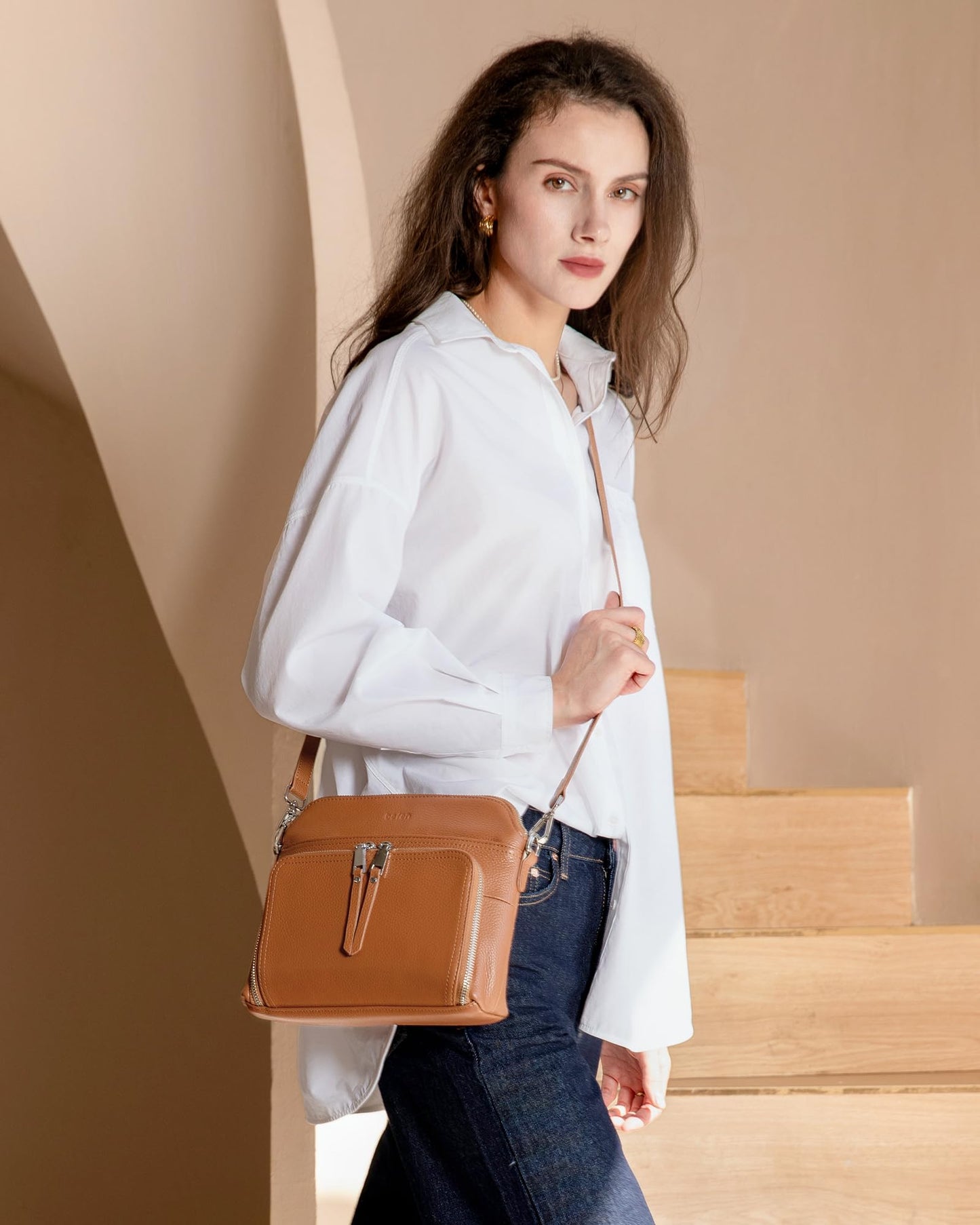 befen Genuine Leather Small Crossbody Purses for Women Shoulder Bags Cross Body Purse with Built in RFID Wallet Cognac Brown