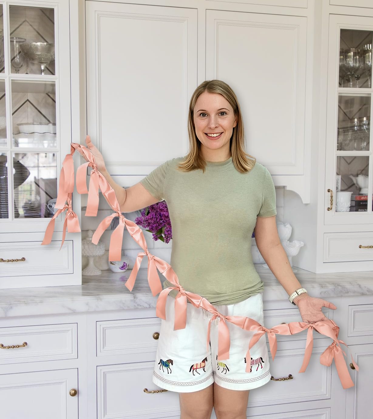 Eanjia Peach Bow Garland Pre-Assembled | 6ft Silk Satin Bow Banner for Coquette Bachelorette Party, Soft Blush Baby Shower,Bridal Shower Wedding Baby Room Bed Decor (Peach, 6ft)
