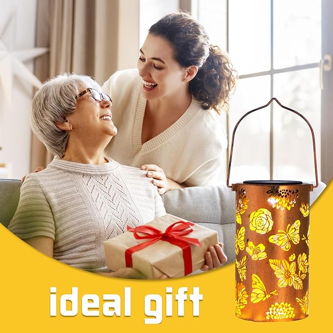 2 Pack Solar Lanterns Outdoor Waterproof Butterfly Birthday Gifts for Women Mom Grandma Garden Decor Flower Metal Hanging LED Decorative Light for Patio Yard Lawn Backyard Front Porch Gardening Gifts