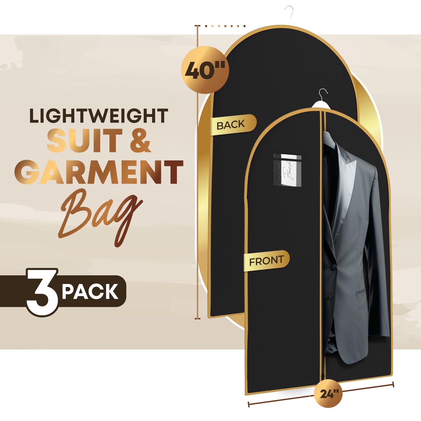 Your Bags Travel Garment Bag – Zippered Single Suit Bag – Water-Resistant Clothes Cover - Hanging Garment Bags for Travel with ID Pocket – 40" x 24" - Black With Gold Trim (Pack of 3)