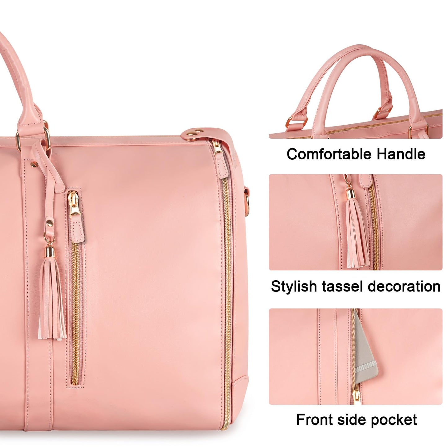 Ytonet Garment Duffle Bags for Travel, Convertible Carry On Garment Bag for Women, Large PU Leather Foldable Travel Bag with Shoe Pouch, 2 in 1 Hanging Suitcase Dress Suit Travel Bags, Pink