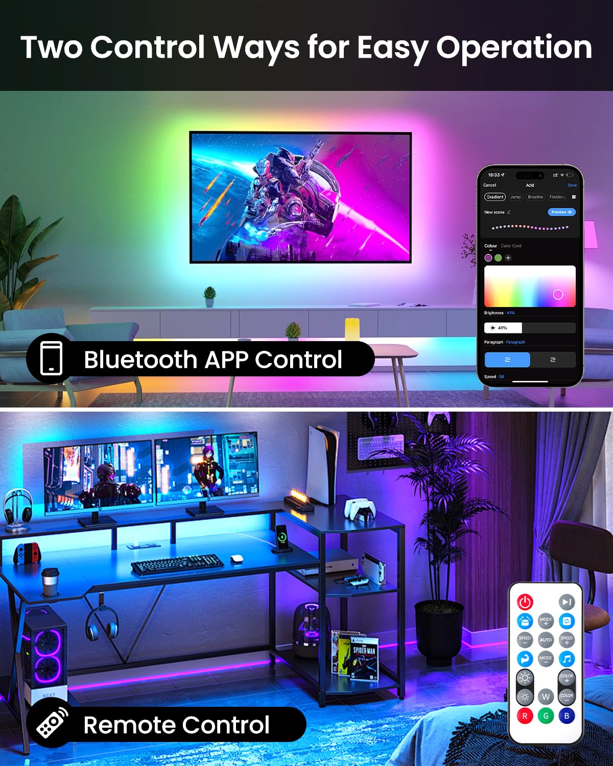 Pak LED Strip Lights 105ft, RGBIC Color Changing Smart Lights with App, Remote & Voice Control, Music Sync, 64 Scenes, Flexible, DIY Cuttable, Easy Installation for Bedroom, TV, Gaming, Party