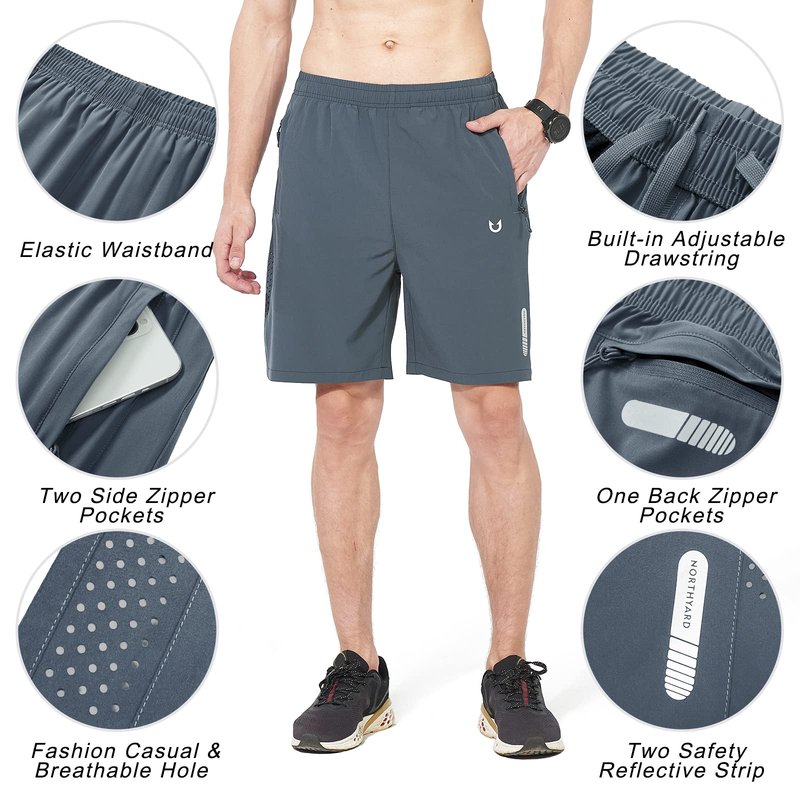 NORTHYARD Men's Athletic Running Shorts Gym Workout 7"/9"/5" Quick Dry Lightweight Sports Basketball Tennis 3 Zipper Pockets COOLGREY 3XL
