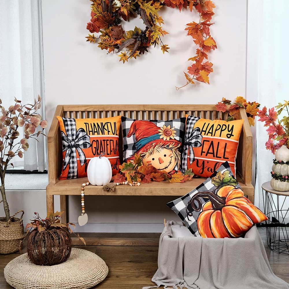 GEEORY Fall Buffalo Plaid Pumpkin Scarecrow Pillow Covers 18x18 Set 4