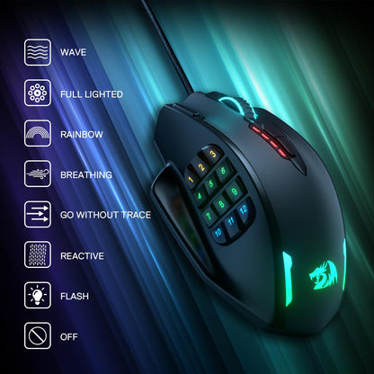 Redragon M913 Impact Elite Wireless Gaming Mouse, 16000 DPI Wired/Wireless RGB Mouse with 16 Programmable Buttons, 45 Hr Battery and Pro Optical Sensor, 12 Side Buttons MMO Mous