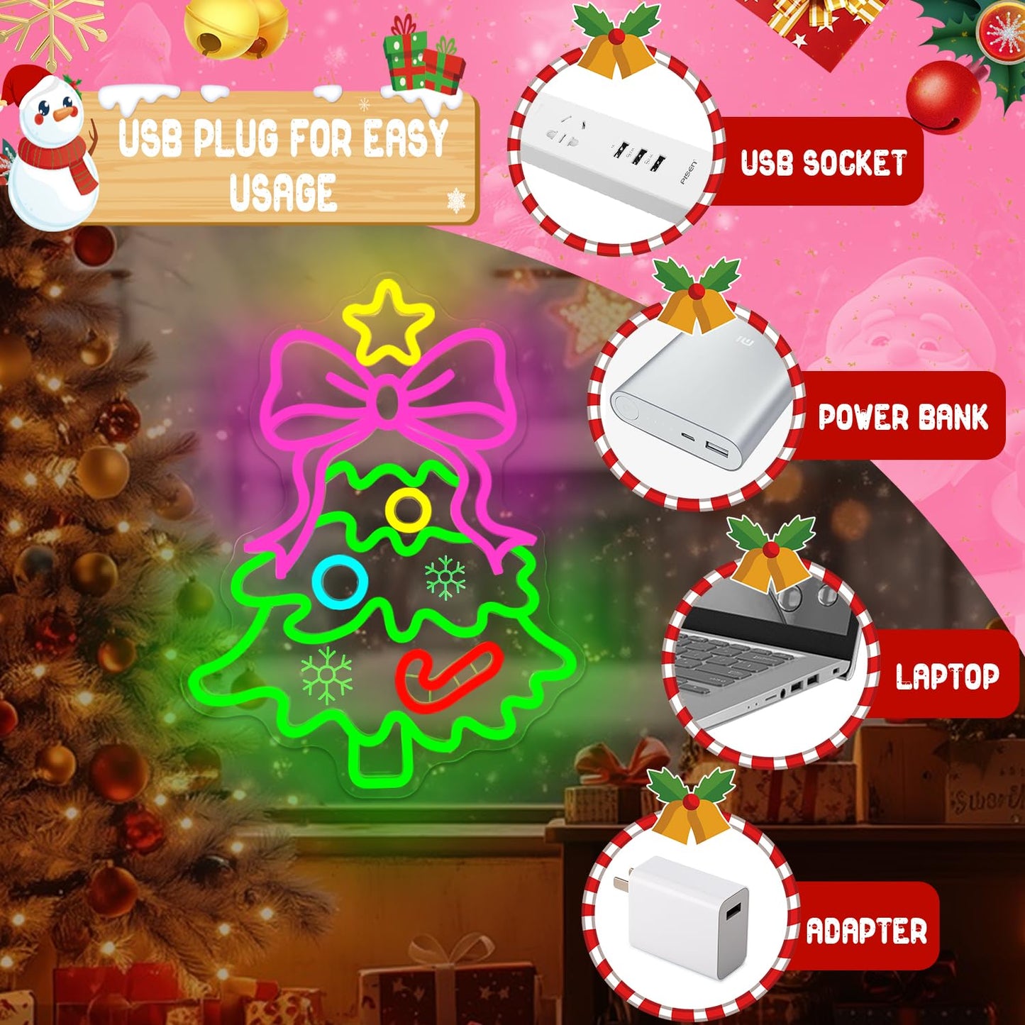 Christmas Neon Sign Pink Bow Christmas Tree Neon Sign for Wall Decor Xmas Tree Led Sign with Star Candy Neon Light Up Signs for Bedroom Window Holiday Door Xmas Party Home Decoration Winter Porch