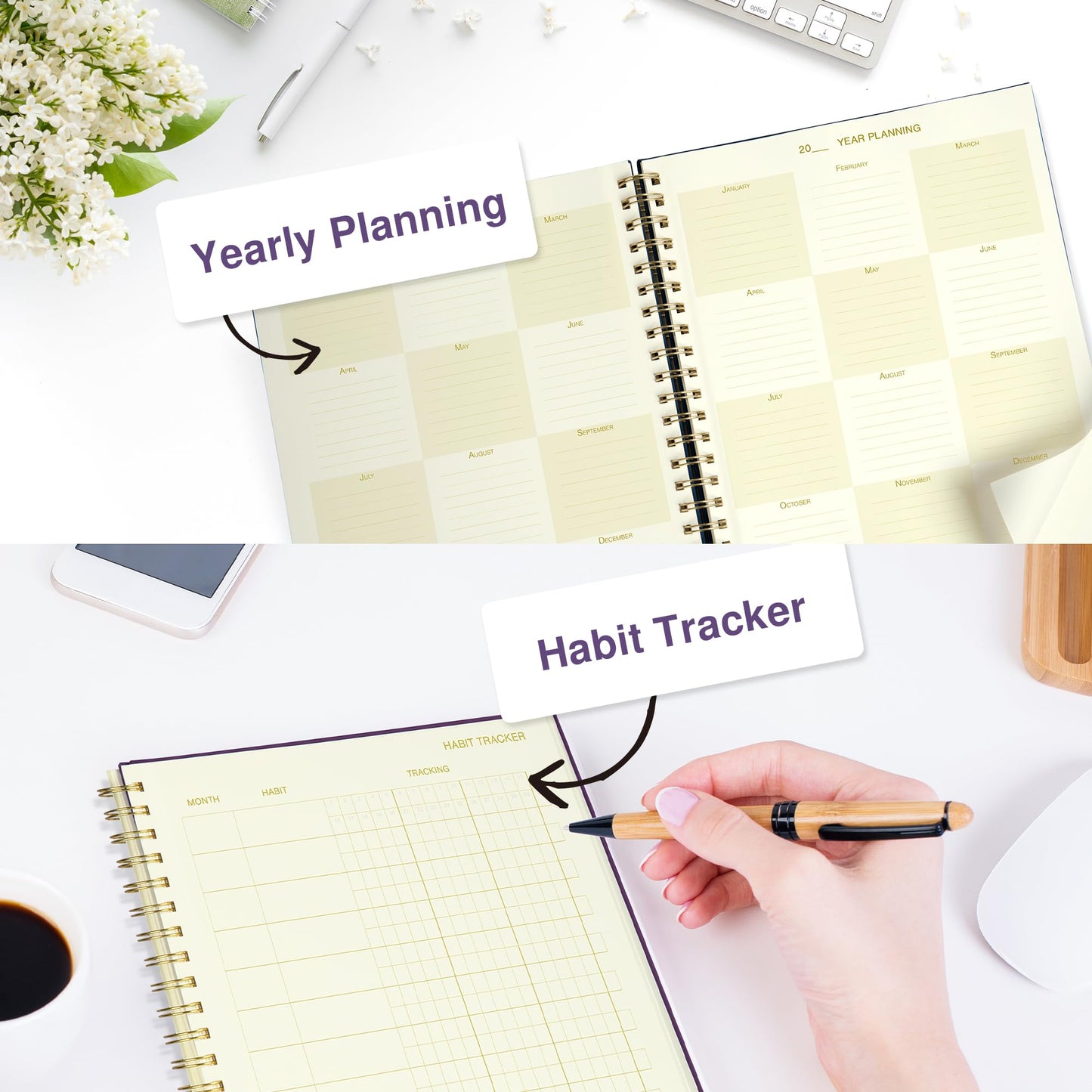 AuroPlanner Undated Daily Planner To Do List Hourly Schedule 2027 2026 2025 Calendar & Holiday Habit Tracker 180 Pages Letter Size 8.5" x 11" Sheets Hardcover Spiral Bound Notebook (Purple Indigo)