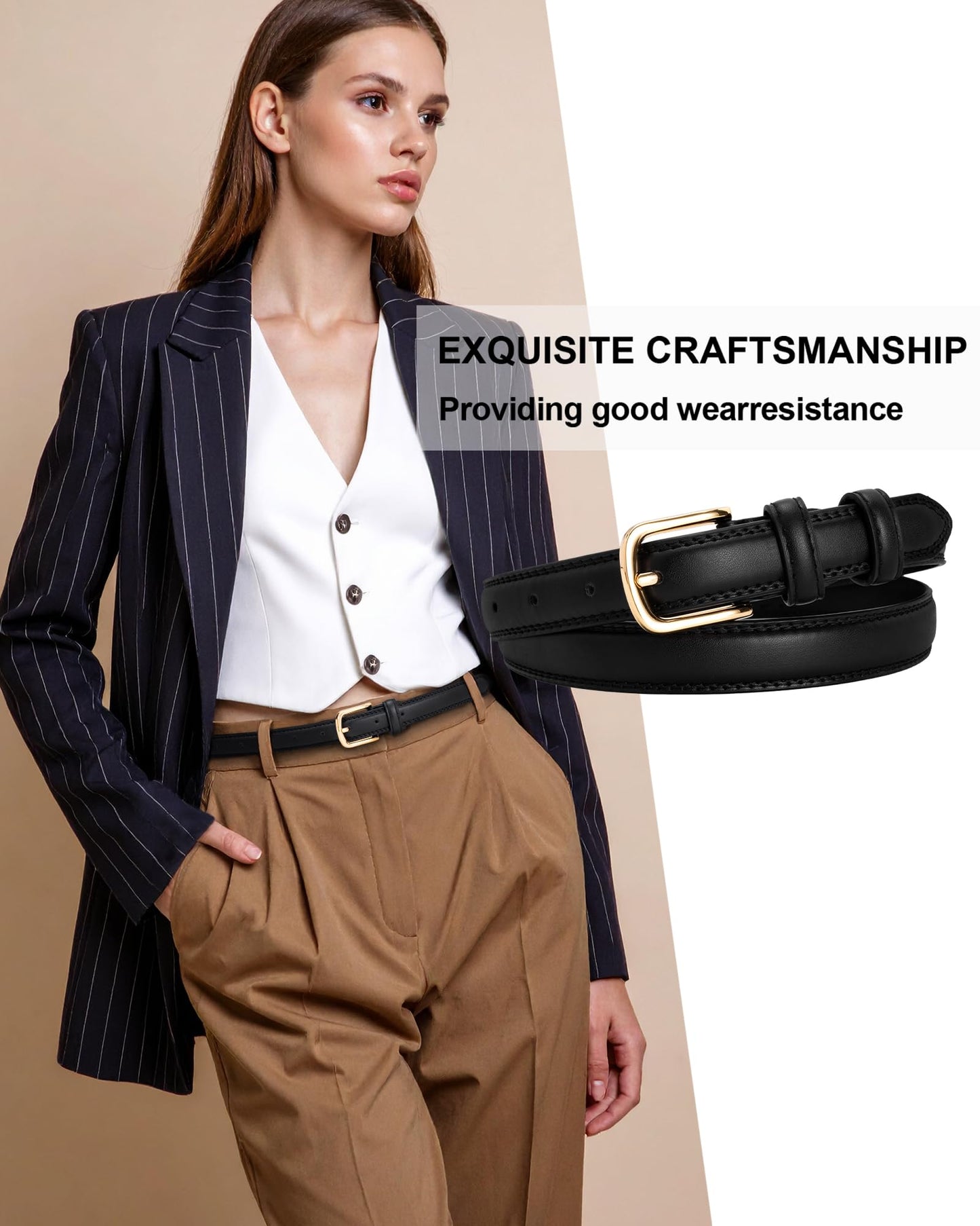 Alphyly Neries 2 Pack Leather Belts for Women Trendy, Women's Belts for Jeans Pants Dresses with Gold Buckle, Black and Coffee, Fits Waist Size 39-43”