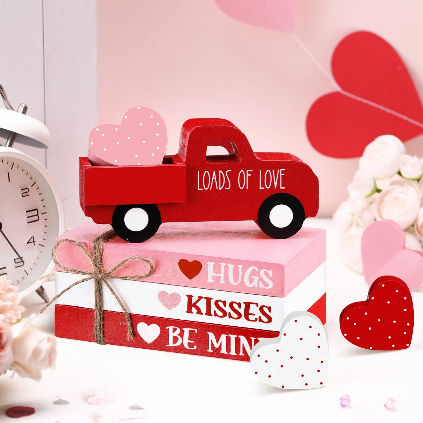 DoubleFill 7 Pcs Valentine's Day Table Decorations Valentines Tiered Tray Decor Faux Book Bundle with Twine Red Truck Table Centerpiece Farmhouse Heart Wooden Sign for Home Indoor Party Bookshelf Gift
