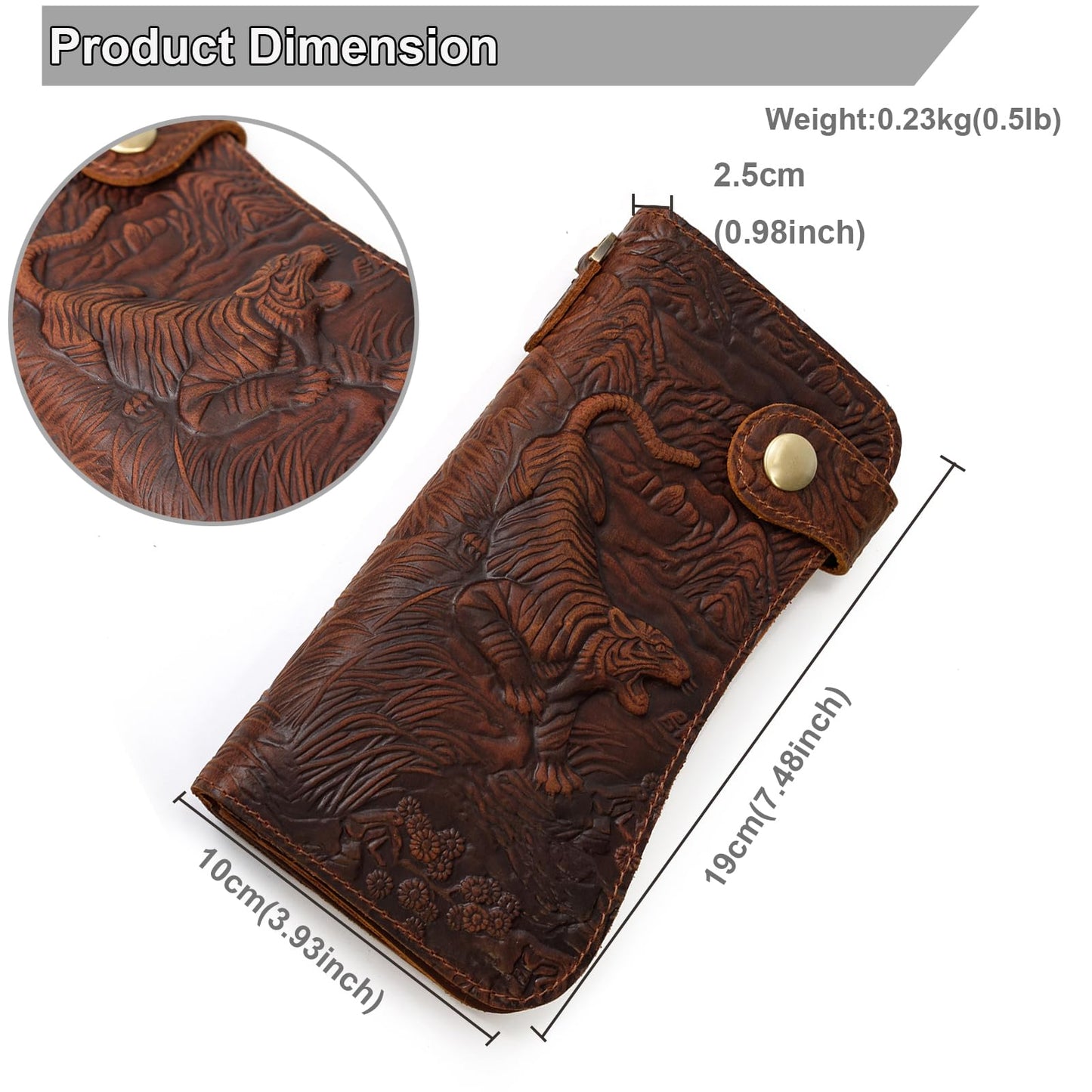 Yevabo Retro Full-grain Genuine Leather Long Wallet Tiger Embossed Bi-fold Clutch Wallet with Anti-Theft Chain, Card Holder Zipper Coin Purse for Men, Brown