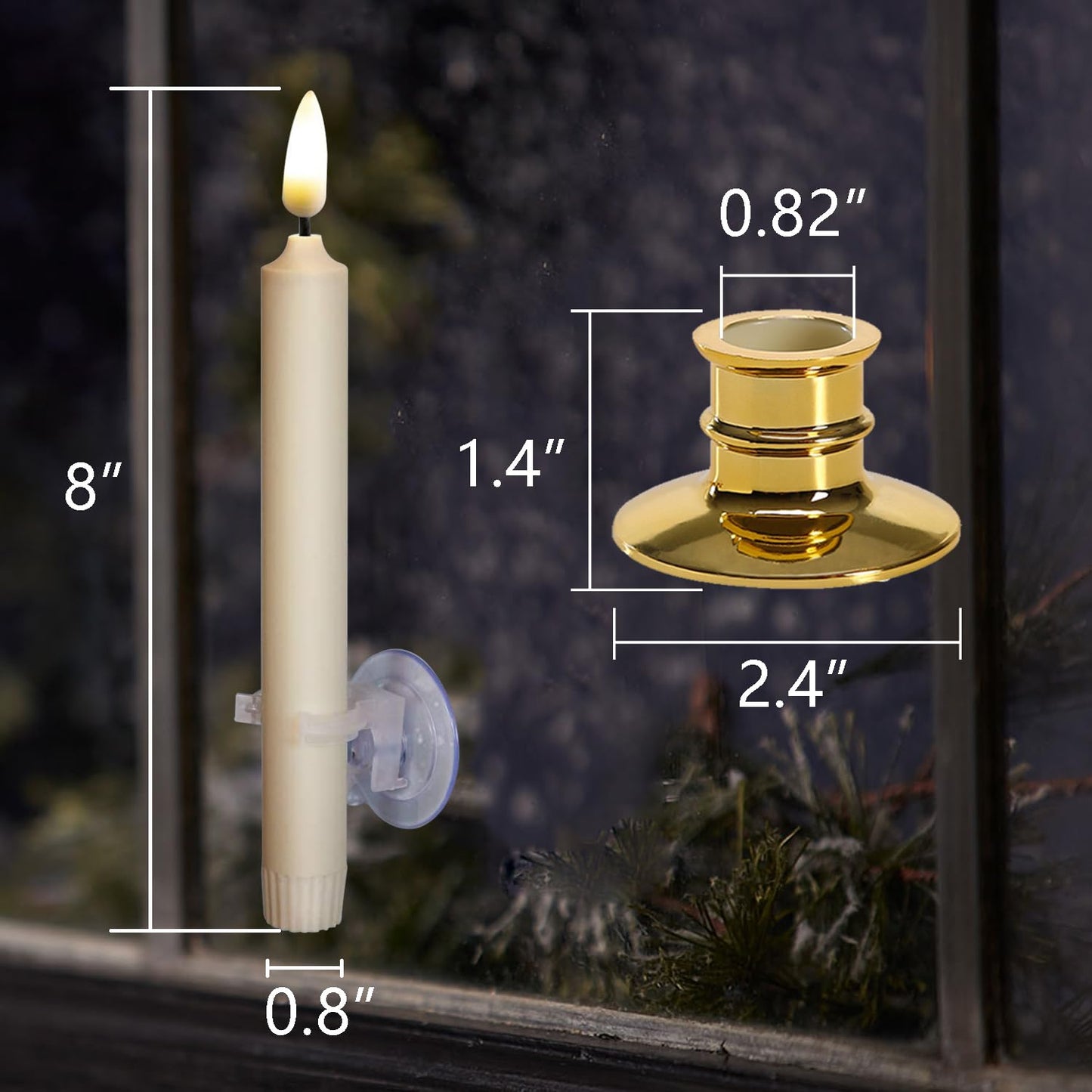 NONNO & ZGF 6PACK Flameless 8'' Window Candles +12 AA Batteries(Include)+6 Suction Cup+6 Golden Candleholders. Battery Powered Ivory Taper Candles with Remote and Timer.Remote Included