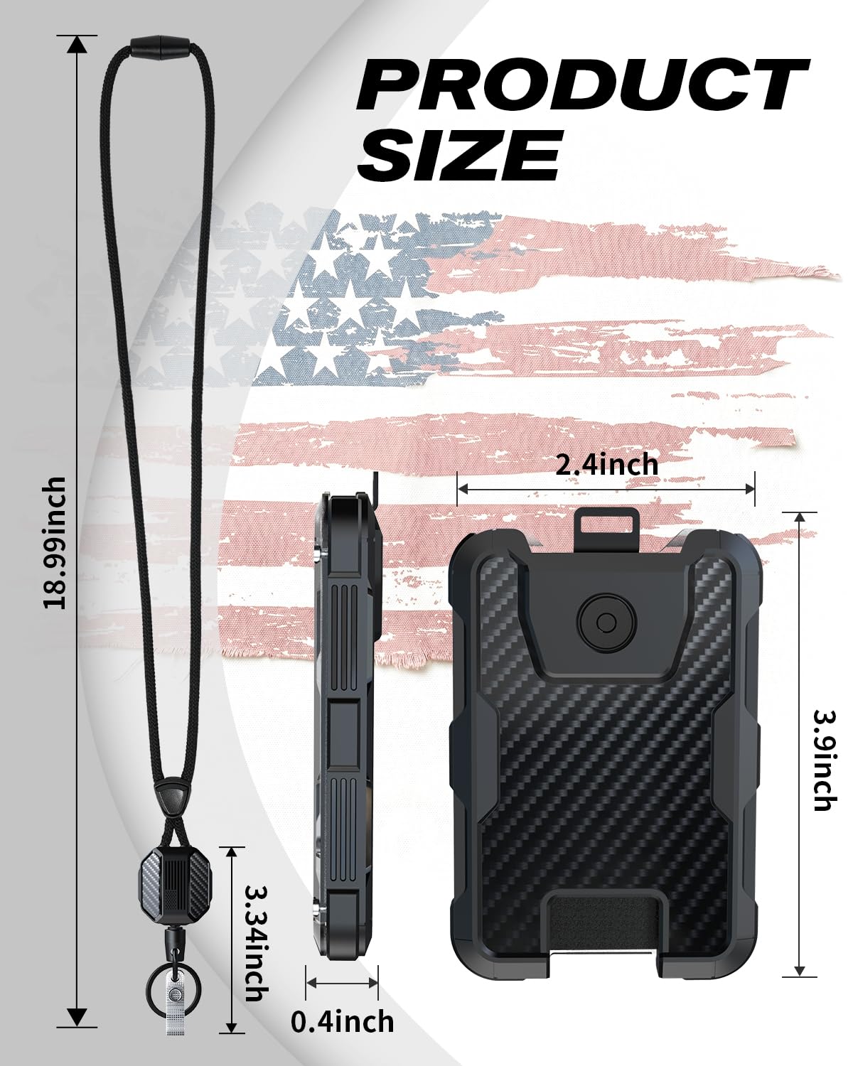 LIUGX Carbon Fiber Badge Holder with Retractable Breakaway Lanyard, American Flag, Badge Reel with Heavy Duty ID Card Holder (Holds 6 Cards) with 20" Retractable Cord, Keychain, 4.2 oz, Black