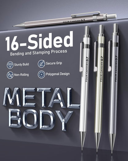 Four Candies 0.7mm Mechanical Pencil Set with Case - 4PCS Metal Mechanical Pencils, 8 Tubes HB #2 Lead Refills, 3PCS 4B Erasers and 9PCS Eraser Refills, Lead Mechanical Pencils for Writing & Drawing