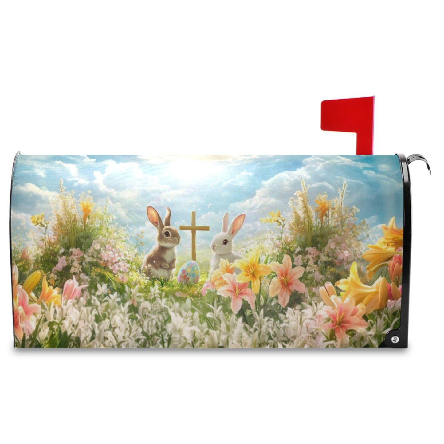 Wamika Happy Easter Day Eggs Bunny Mailbox Cover Standard Size Welcome Spring Flowers Lily Magnetic Mailbox Covers Garden Yard Porch Mail Boxes Cover Holiday Decorations 21" L x 18" W
