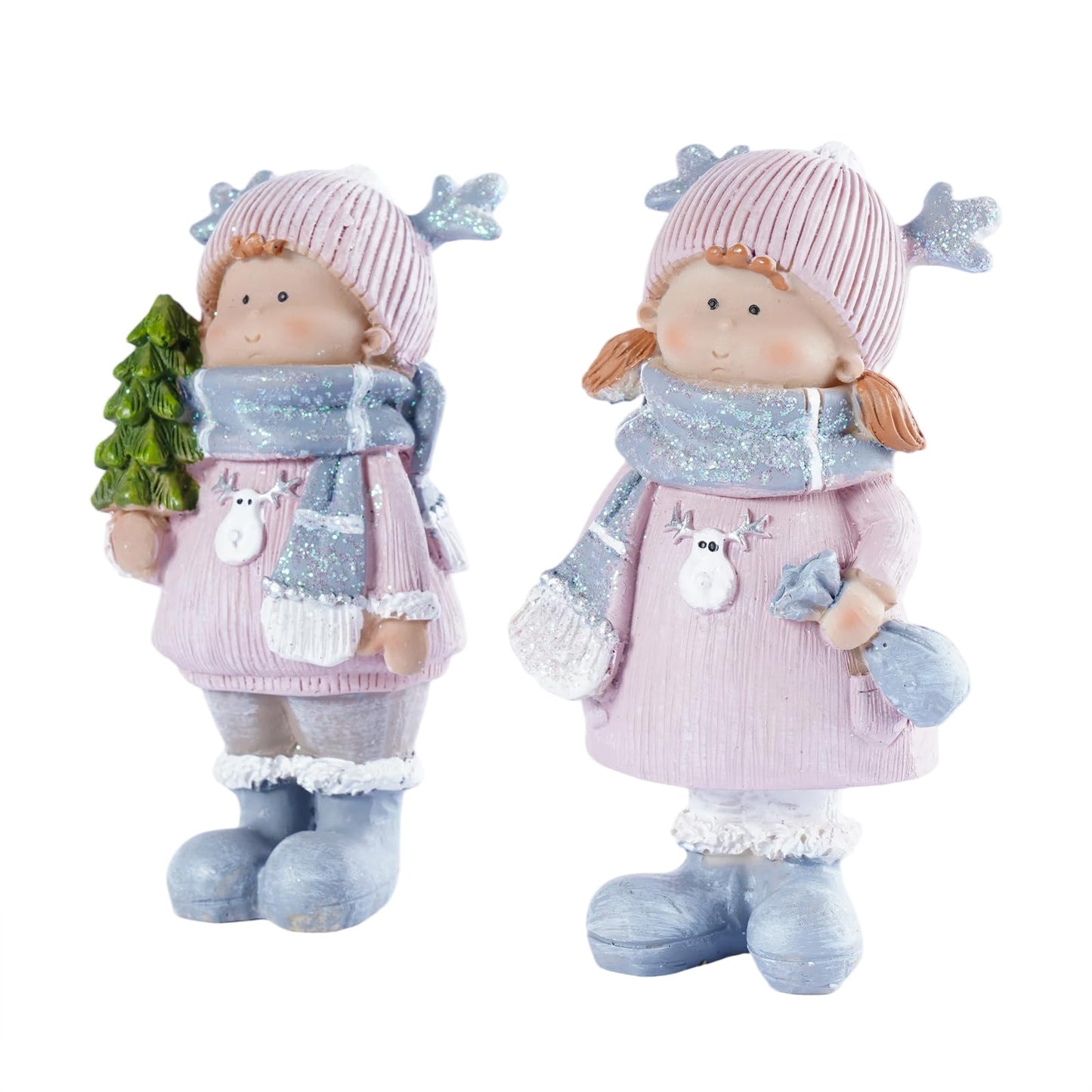 Brizoria Christmas Home Decor Set of 2 Resin Mini Sculptures with Reindeer Hats, Cute Female Themed Winter Ornaments for Mantel, Tiered Tray & Indoor Tabletop Christmas Decor