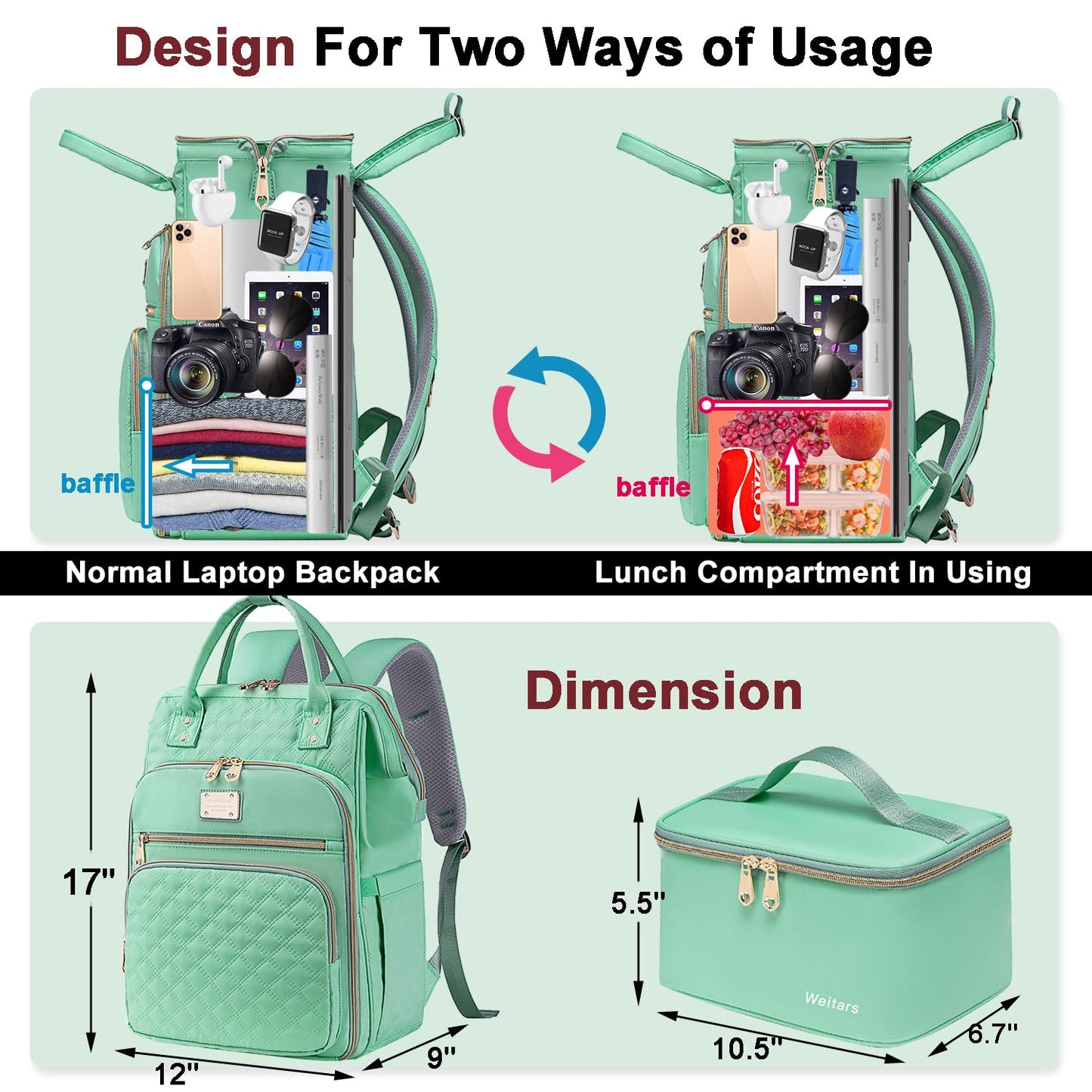 Weitars Lunch Backpack For Women,15.6 Inch Laptop Backpacks For Womens Back pack, Travel Backpacks,Work Backpack For Women (LightGreen)