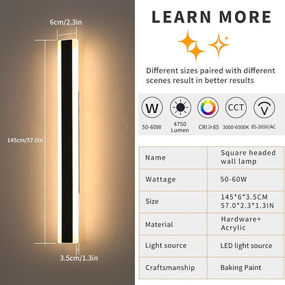 Modern 57inch Outdoor Wall Light, 3000k/4500k/6000k 3 Color Change Black Exterior Light Fixtures Wall Mount, Ip65 Waterproof Modern Porch Lights, Long Linear Outside Lighting Hard-Wired Non-Dimmable