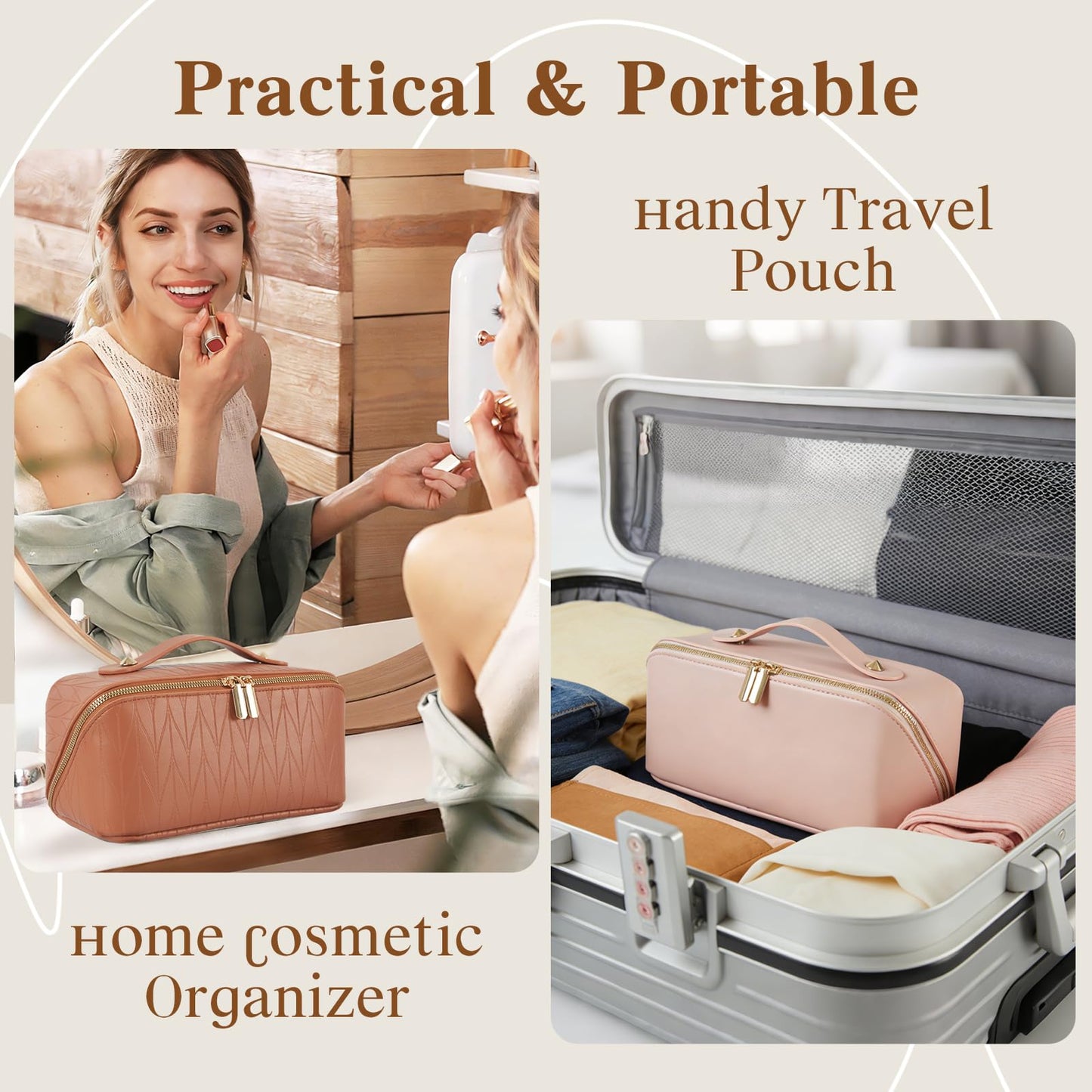 IDELCHOIS Travel Makeup Bag Large Capacity Cosmetic Bags for Women, Waterproof Toiletry Bag Open Flat Makeup Bag with Compartments and Handle, Portable Cosmetic Organizer Pouch, Pink