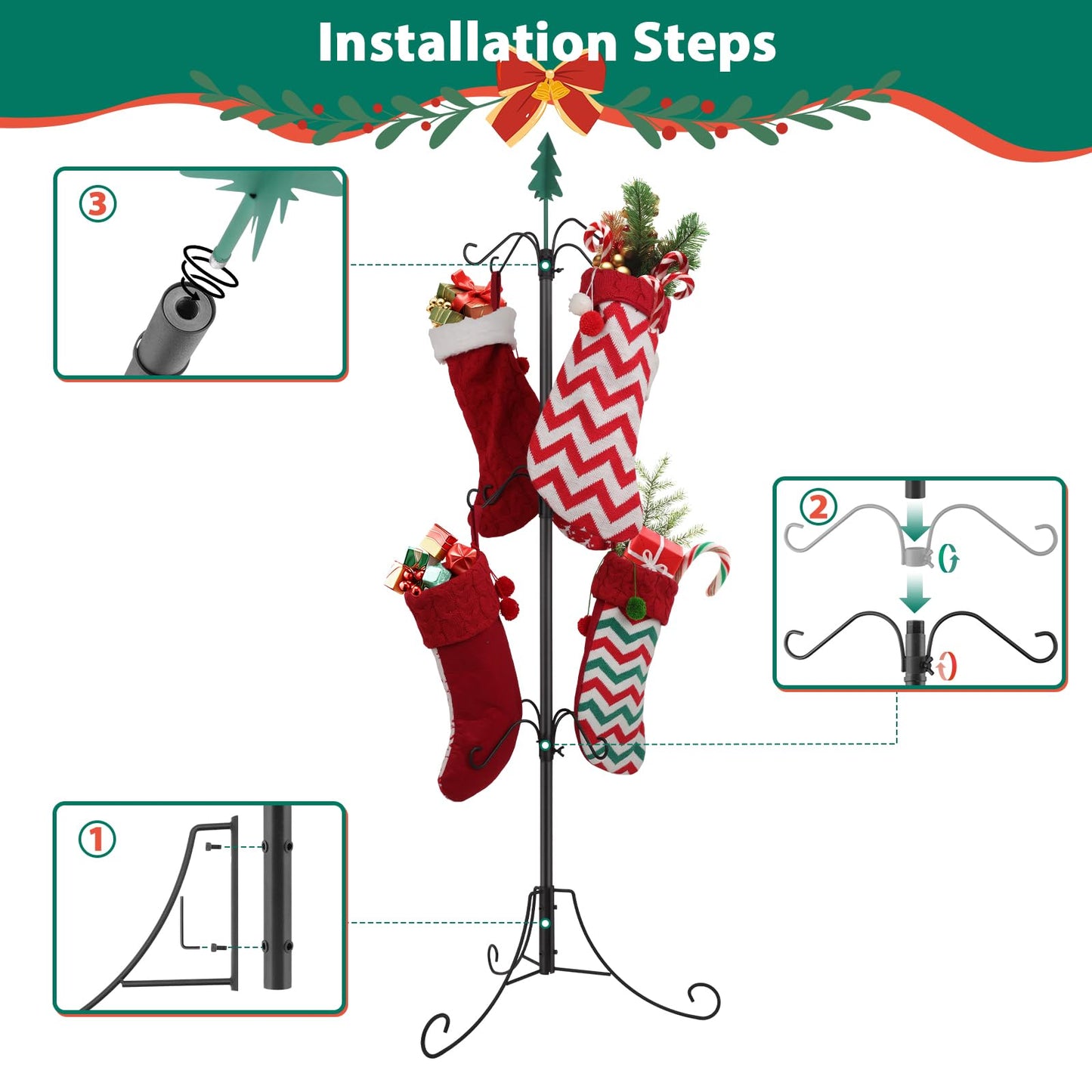 Bvomheez Christmas Stocking Holder Stand, Freestanding Max 62" Height Stand with 12 Hooks, Height Adjustable Metal Hanger with Green Iron Christmas Tree Top, for Christmas Holiday Decoration
