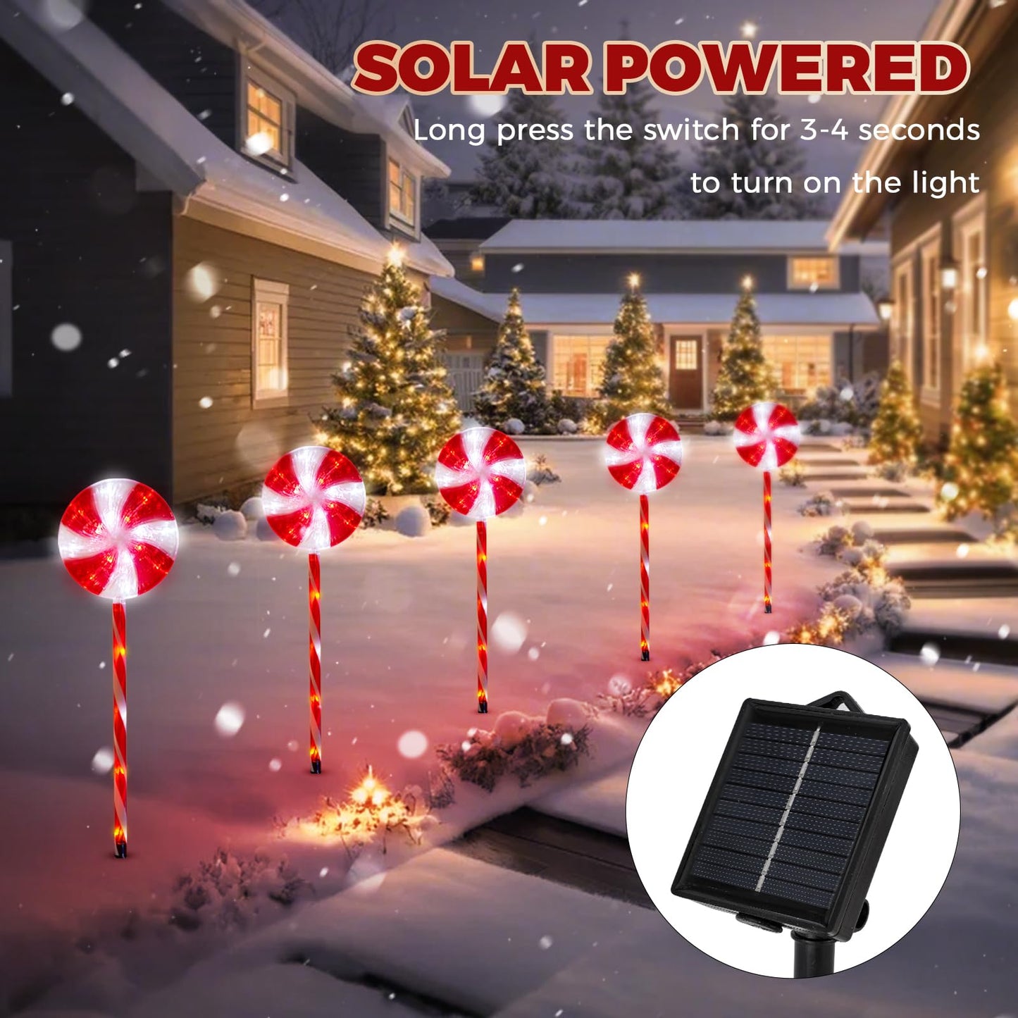 Outdoor Christmas Decorations Solar Pathway Lights, Set of 5 Lollipops Peppermint Stake Lights, 8 Modes Candy Cane Walkside Lights, Outdoor Xmas Decoration for Walkway,Yard (5PCS-Red)