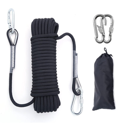 Outdoor Climbing Rope 12MM Diameter 10M(32ft) 20M(64ft) Static Rock Climbing Rope,Tree Climbing Rappelling Rope,Escape Nylon Rope,Ice Climbing Equipment Fire Rescue Parachute Rope with 2 Steel Hooks