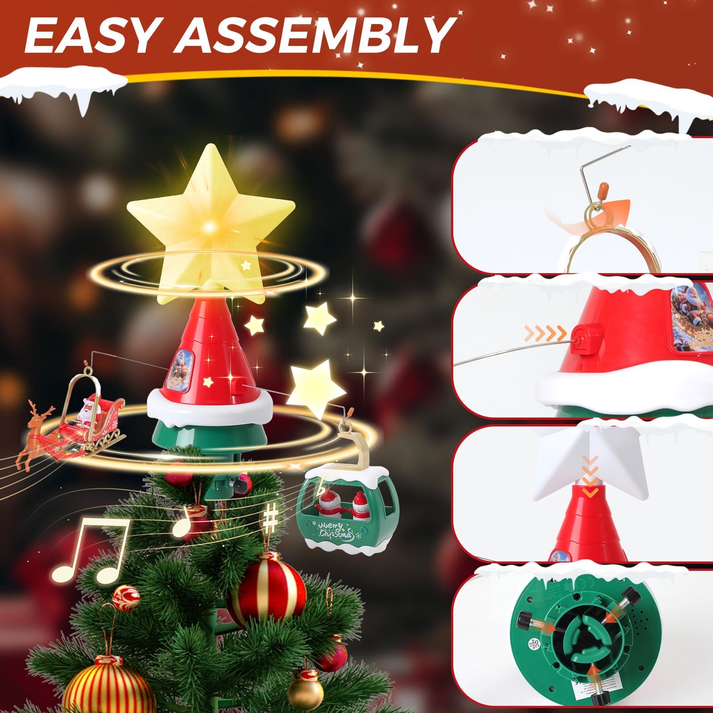 Rotating Christmas Tree Topper Star - Featuring LED Lights and Festive Music, Electric Music Sprite, Good, Easy Installation,USB Powered Musical Decoration Creating Christmas Atmosphere