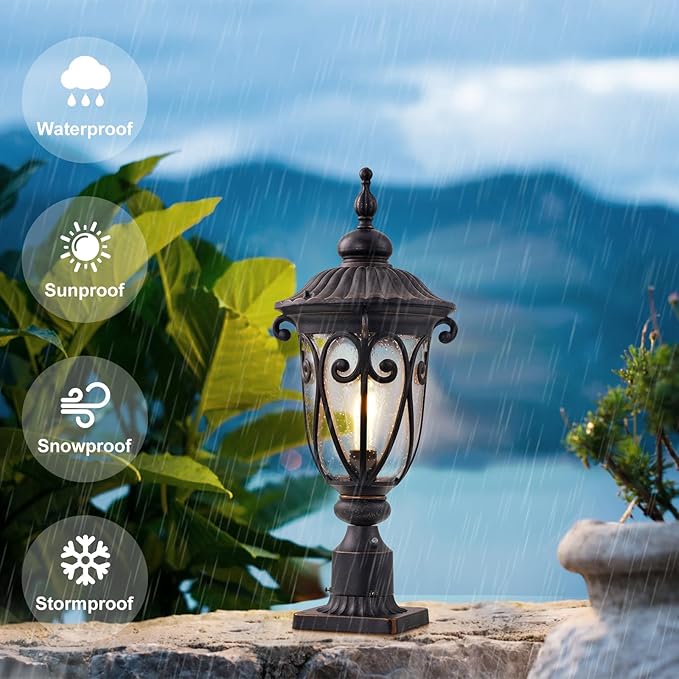 24 Inch High Outdoor Post Light Fixture with Dusk to Dawn Sensor, Bronze Post Lantern with Pier Mount, Exterior Pole Lighting with Seeded Glass for Yard, Garden, Patio and Pathway, LMMS0519-M