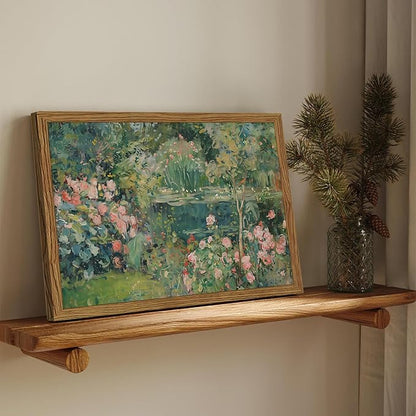Framed Vintage Floral Landscape Canvas Wall Art, Rose Garden Pond Wall Decor Paintings, Rustic Cottagecore Nature Plant Pictures Prints Aesthetic Home Decor for Living Room Bedroom Bathroom 12x16 inch