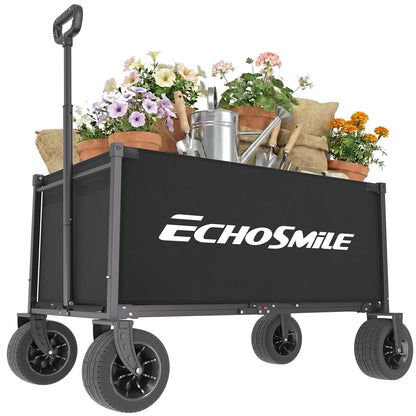 EchoSmile Collapsible Wagon Cart for Camping & Beach - Heavy Duty 400lbs Capacity All-Terrain Cart with Wide Wheels, Portable Folding Utility Wagon for Grocery, Garden, Sports,Black