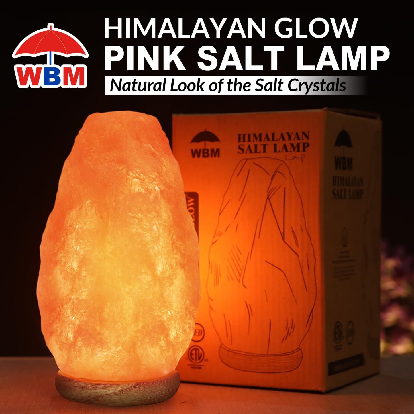 WBM Salt Lamp - USB Himalayan Salt Lamp with Touch Dimmer Control, Natural Pink Crystal, 5-7 lbs, Wooden Base, LED Bulb, Room Decor, Home Decor, Relaxation, Ambiance, Gift