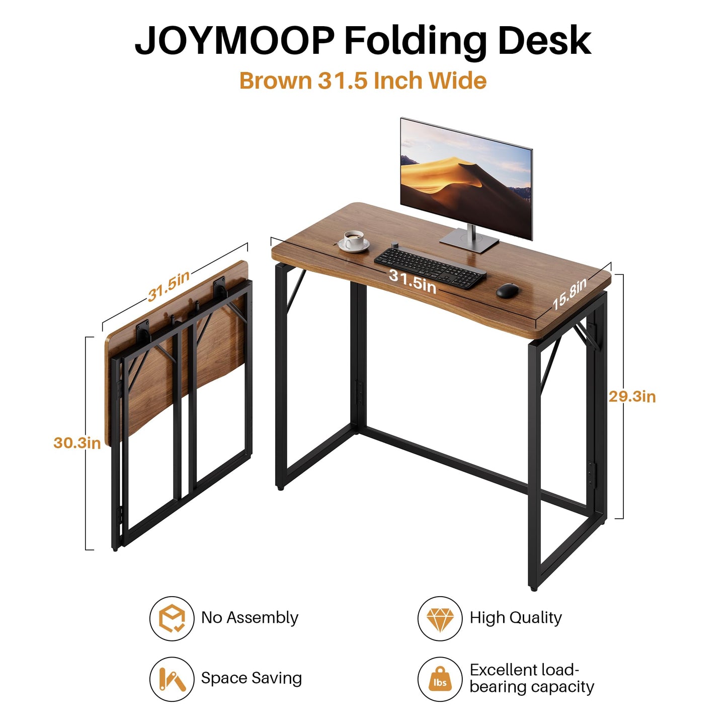 JOYMOOP 31.5" Folding Desk - Brown, No Assembly Small Foldable Desk for Home, Office, Wooden Top Folding Computer Desk for Working, Writing, Studying