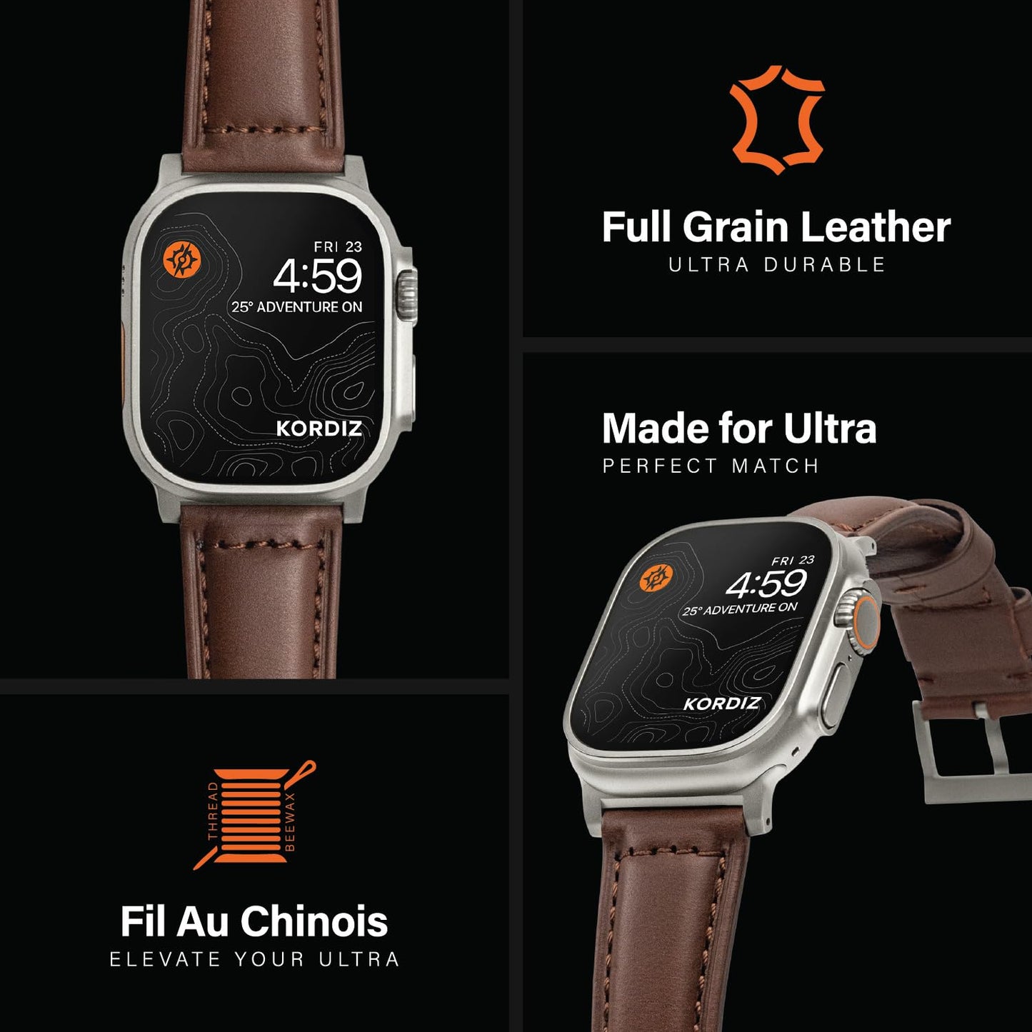 KORDIZ Traditional Leather Band for Apple Watch ULTRA 3 & ULTRA 2/1 [49mm] – Full-Grain Genuine Leather Replacement Strap for Men & Women – Classic Wristband Compatible with iWatch Ultra (Silver Titanium | Dark Brown)