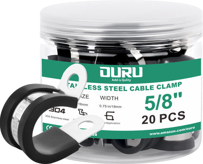 OURU 20pcs 5/8 Inch Stainless Steel Cable Clamps,Rubber Coated Cushioned Insulated Cable Clamp,Automotive Cable Wire Clamps,Pipe Clamps,Metal Clamp for Tube,Lines,Wire Cord Installation(Black,16mm)