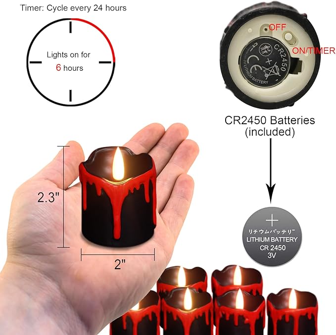 Halloween Flameless Votive Candles with 6H Timer, Black LED Candle Drip Wax, Flickering Tea Lights Candles, Battery Operated Real Wax 6 Pack Φ 2" H 2.3" for Halloween Decorations