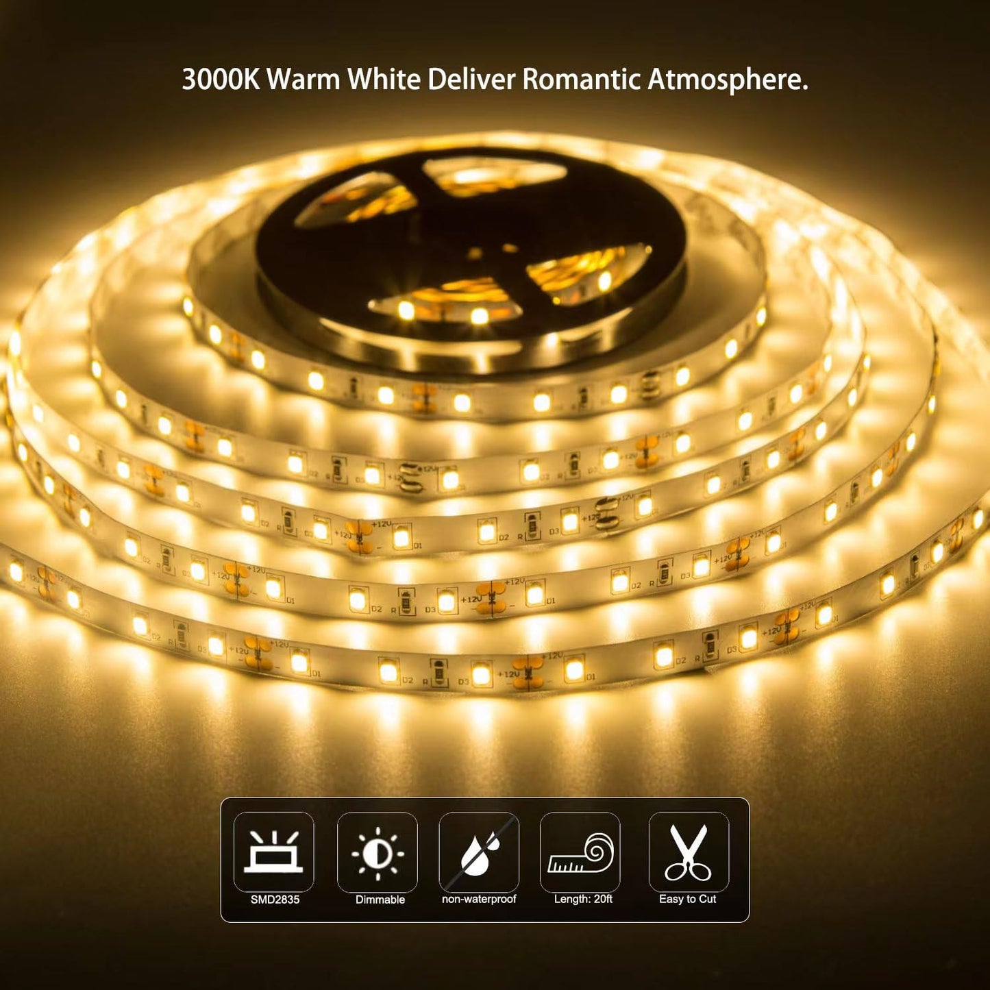 JUNWEN 20FT LED Strip Light Warm White 360 LED Beads,12V Soft Dimmable Warm Lights Strip, for Bedrooms, Mirror, Kitchen, Home Decoration, Not Waterproof
