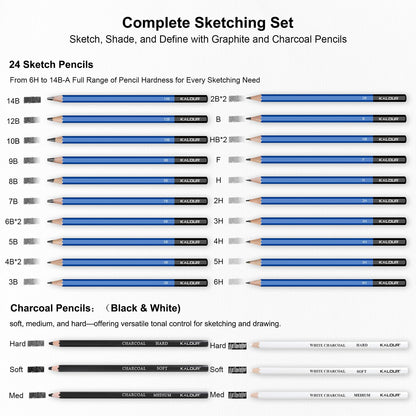 KALOUR PDAS 112 Drawing Set Sketch Kit, Pro Art Supplies with 3-Color Sketchbook, Graphite, Charcoal Pencils, Art Drawing Kit for Artists Adults Teens Beginners, Ideal for Shading & Blending