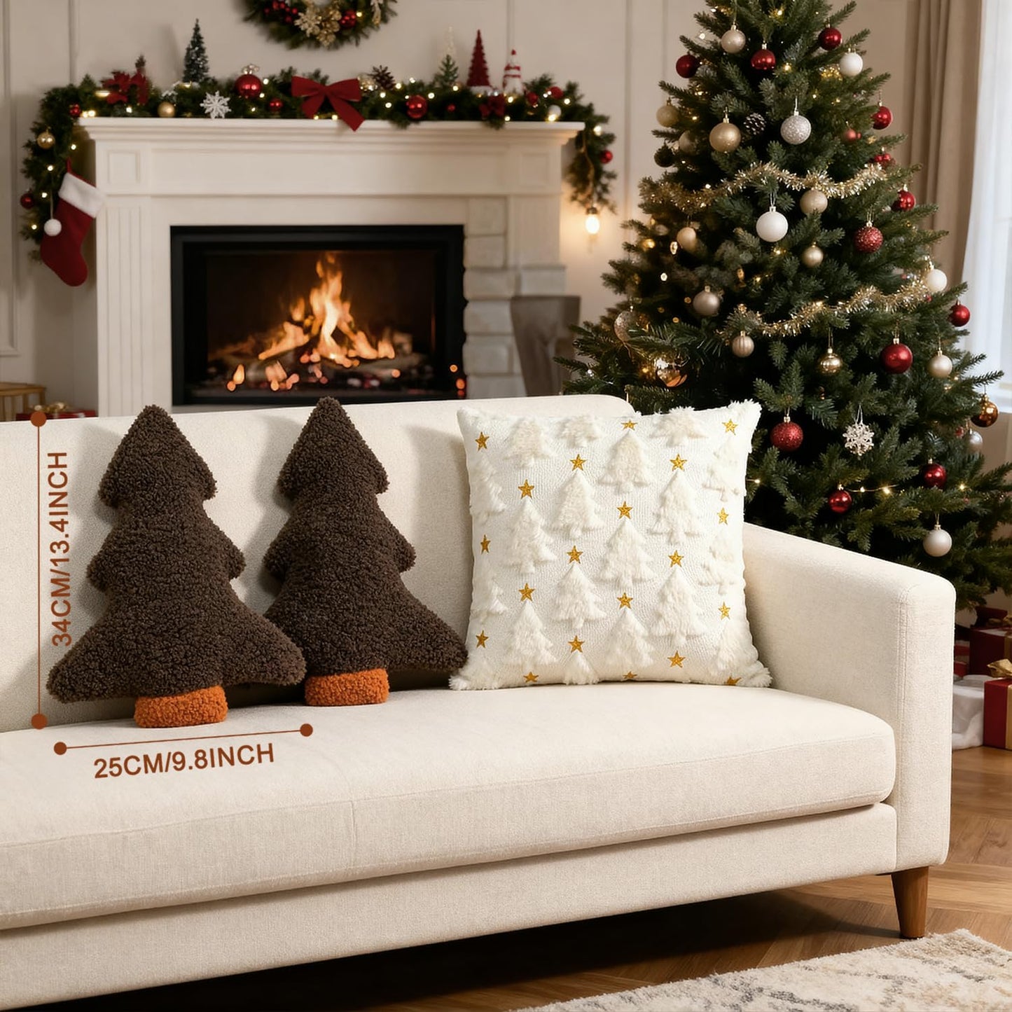 Artmag Christmas Pillows, Decorative Christmas Tree Pillow Set of 2 Stuffed Tree Shaped Plush Pillow for Holiday Party Sofa Living Room Decoration (13" x 10.5", Brown)