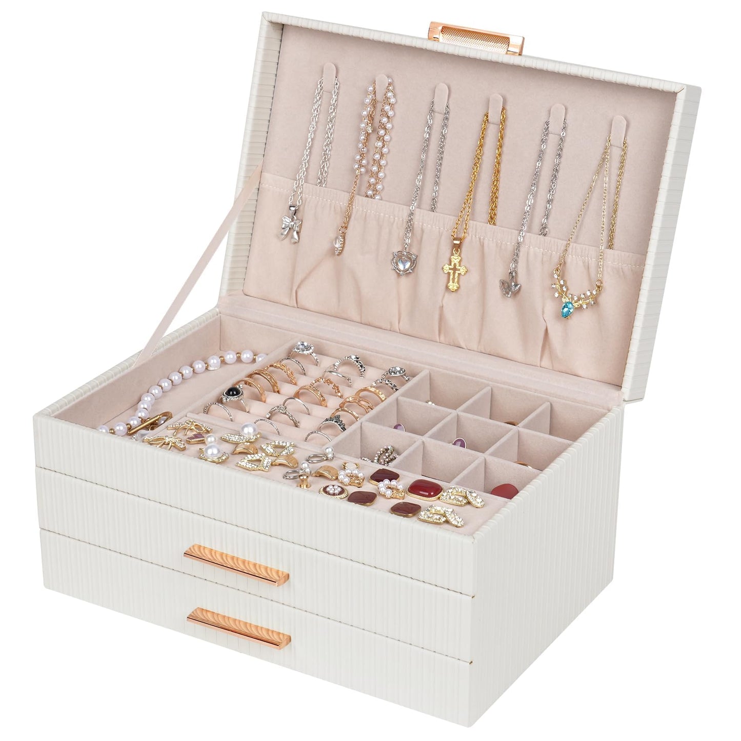 Dajasan Jewelry Box Organizer, 3-Tier Large Jewelry Storage Organizer with 2 Drawers, Space-Saving Jewelry Boxes for Women, PU Leather Surface with Texture, Gift Idea, Modern Style (White)
