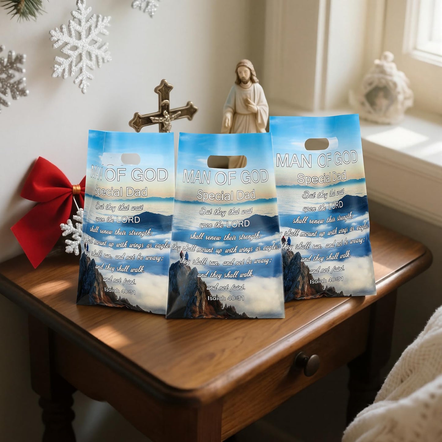 Yinder 120 Pcs Church Gift Bulk Plastic Religious Christian Welcome Treat Bags Goody Bags with Handles Bible Verse Gifts for Father's Day Father Christmas Church Party Supplies Party Favor Decoration
