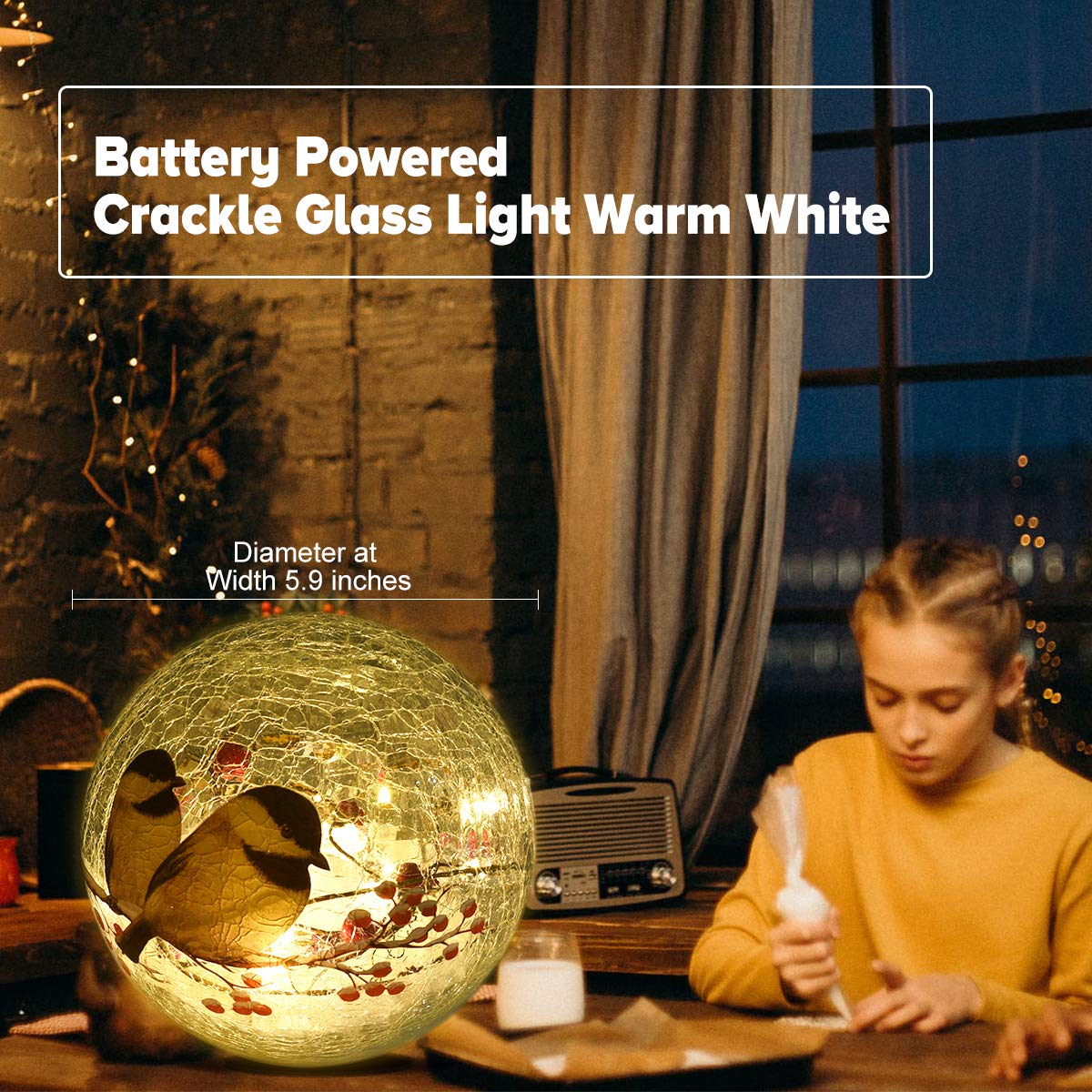Glass Ball Light Birds Pattern Crackle Warm White Night Lamp for Bedroom Living-Room Dresser Nursery Kitchen Garden Modern Decoration Craft