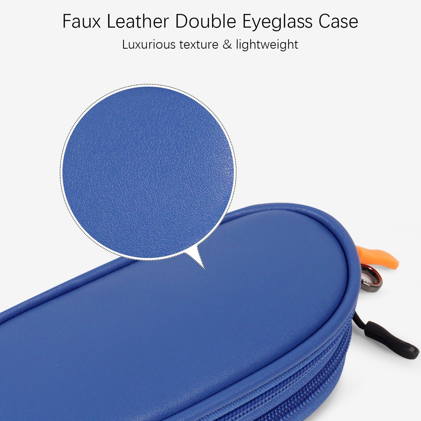 Tangoner Double Eyeglasses Case with Zipper – Faux Leather Soft Sunglasses Pouch, Portable Travel Glasses Holder with Keychain Clip for Men & Women (Blue PU)